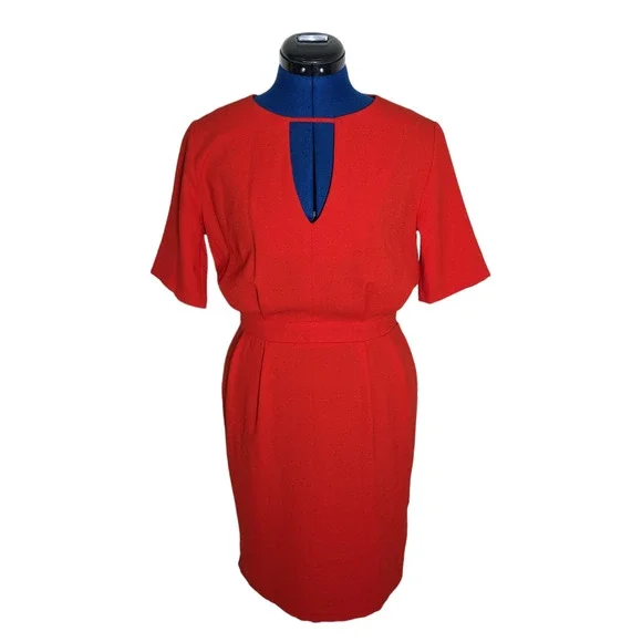 Warehouse | Dresses | Warehouse Red V Neck Pencil Pleated Keyhole Dress Sz  6 Office Cocktail Business | Poshmark